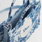 Dioriviera Medium Dior Book Tote with Strap Blue Toile de Jouy Floral Garden Embroidery and White Dior Médaillon