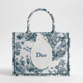 Medium Dior Book Tote with Strap Blue Toile de Jouy Floral Garden Embroidery and White Dior Médaillon