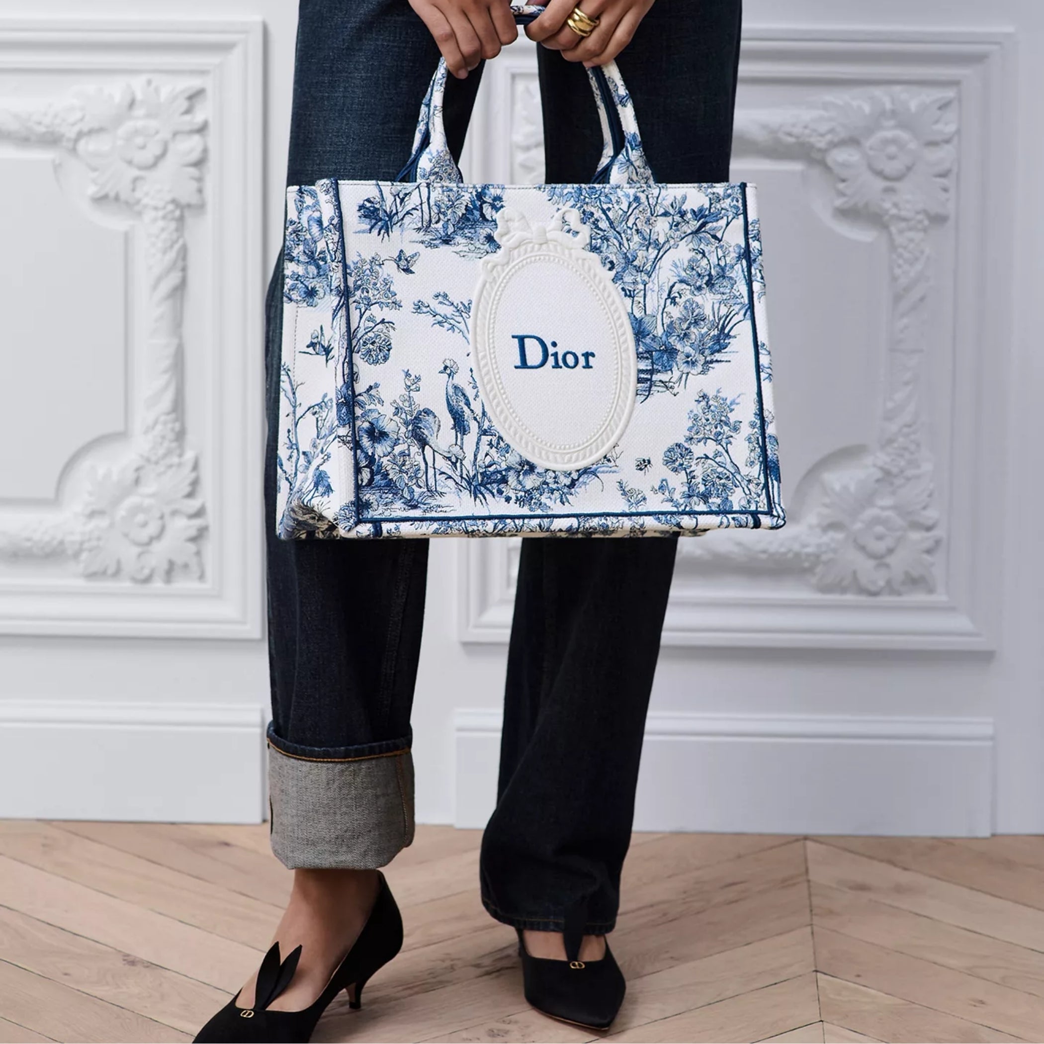 Medium Dior Book Tote with Strap Blue Toile de Jouy Floral Garden Embroidery and White Dior Médaillon