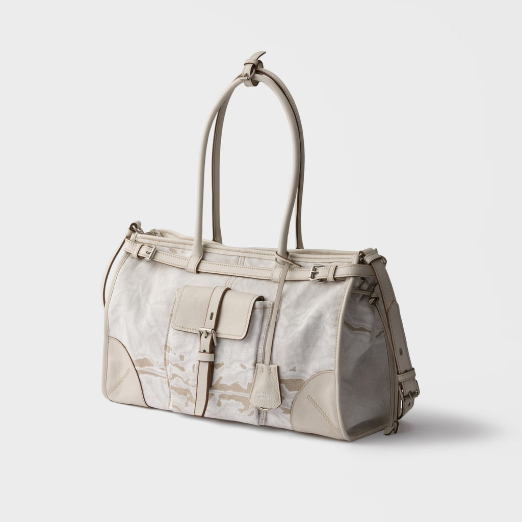 Prada Bonnie large printed linen and leather handbag