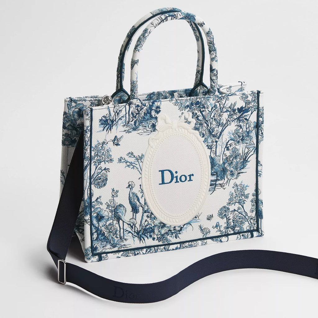 Medium Dior Book Tote with Strap Blue Toile de Jouy Floral Garden Embroidery and White Dior Médaillon