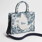 Medium Dior Book Tote with Strap Blue Toile de Jouy Floral Garden Embroidery and White Dior Médaillon