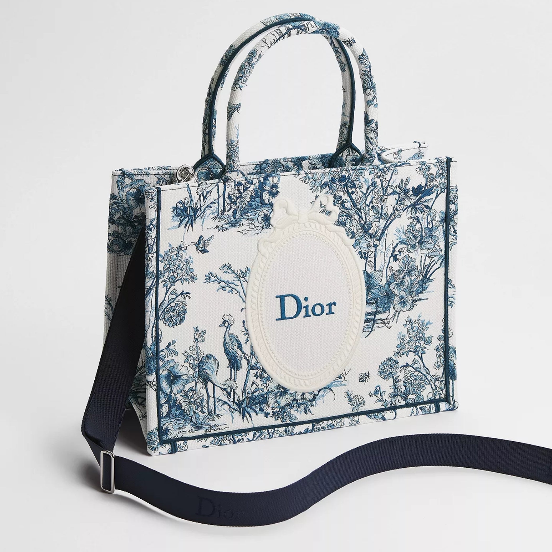 Medium Dior Book Tote with Strap Blue Toile de Jouy Floral Garden Embroidery and White Dior Médaillon