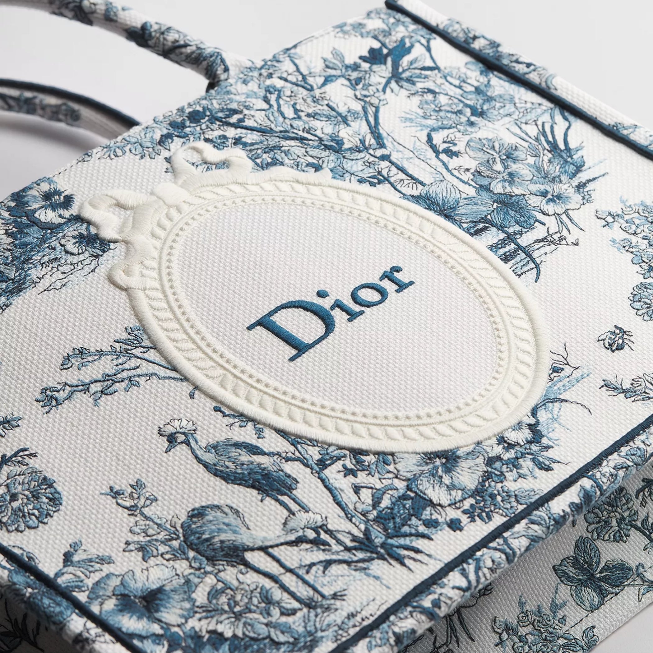 Medium Dior Book Tote with Strap Blue Toile de Jouy Floral Garden Embroidery and White Dior Médaillon