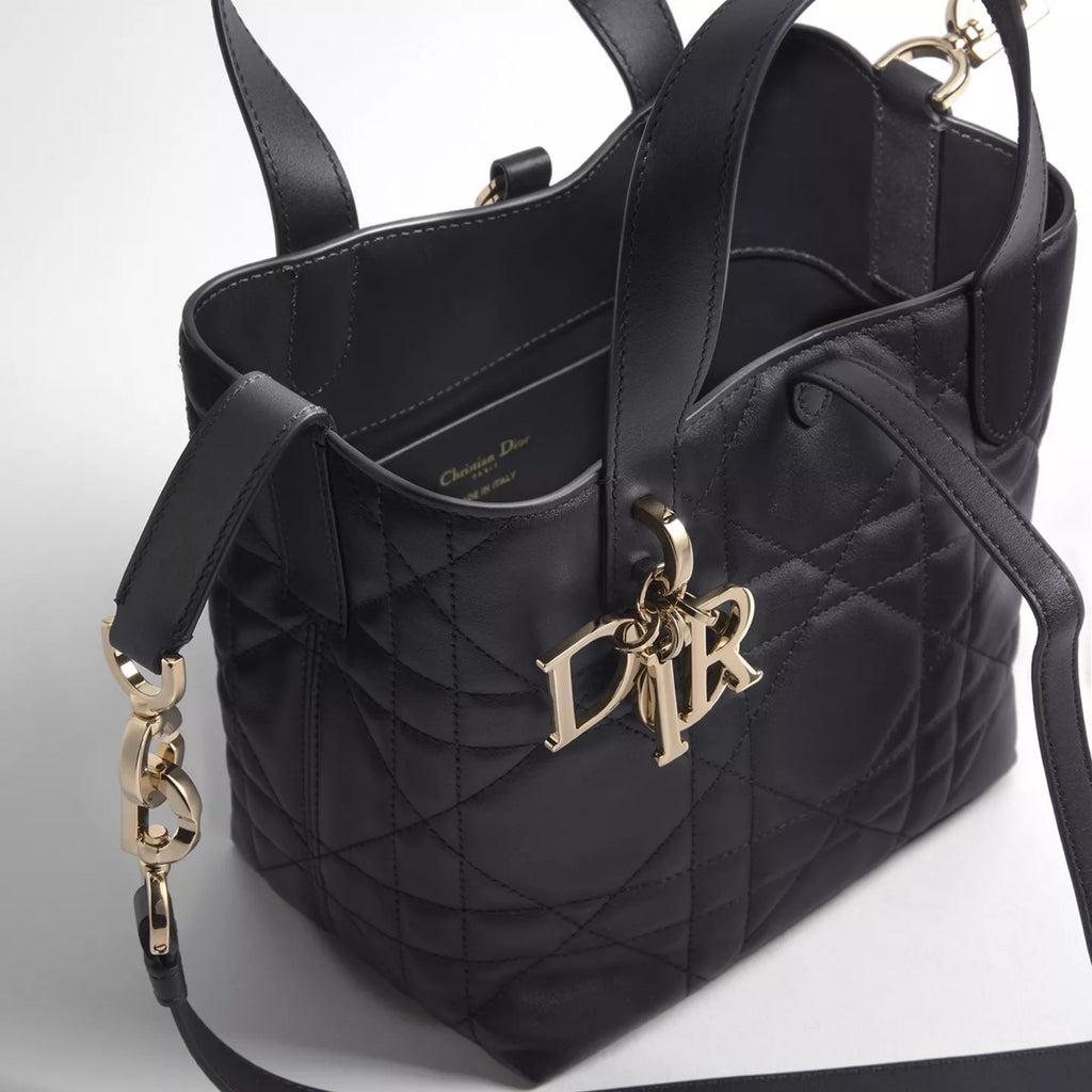 Small Dior Toujours Vertical Tote Bag Black Macrocannage Calfskin