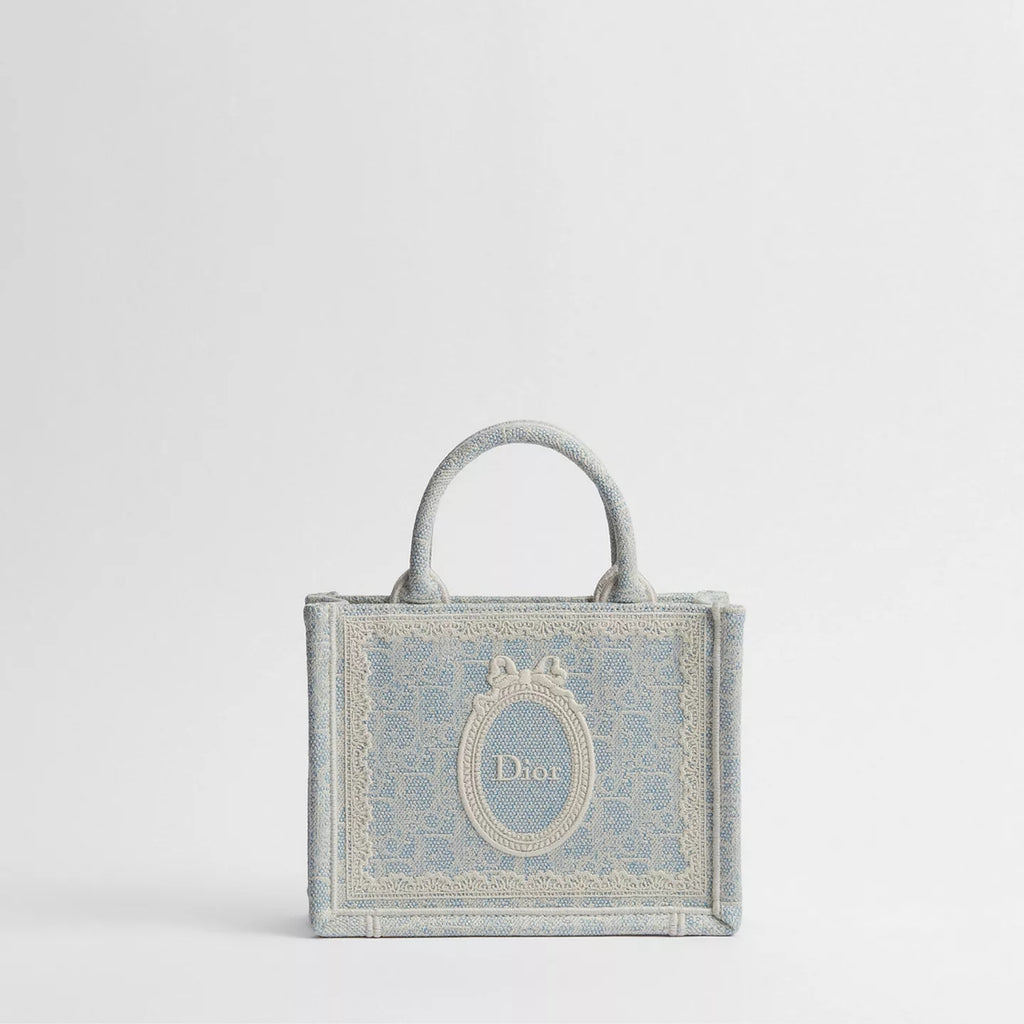 Mini Céleste Blue Dior Oblique Washed Embroidery and Ecru Dior Médaillon