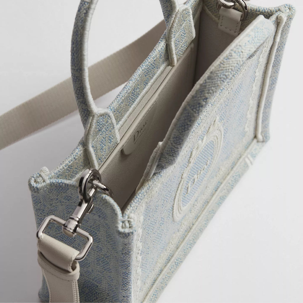 Mini Céleste Blue Dior Oblique Washed Embroidery and Ecru Dior Médaillon