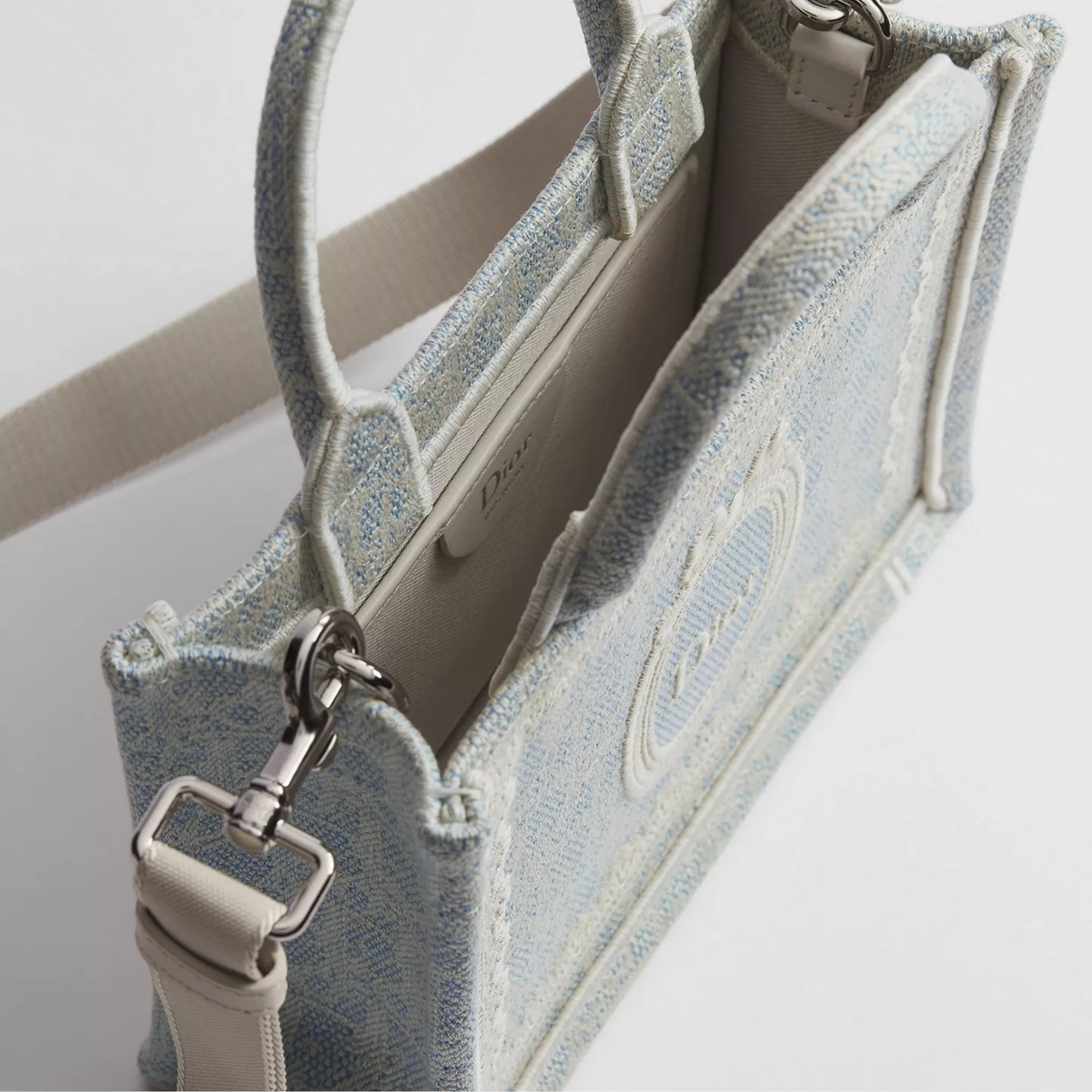 Mini Céleste Blue Dior Oblique Washed Embroidery and Ecru Dior Médaillon