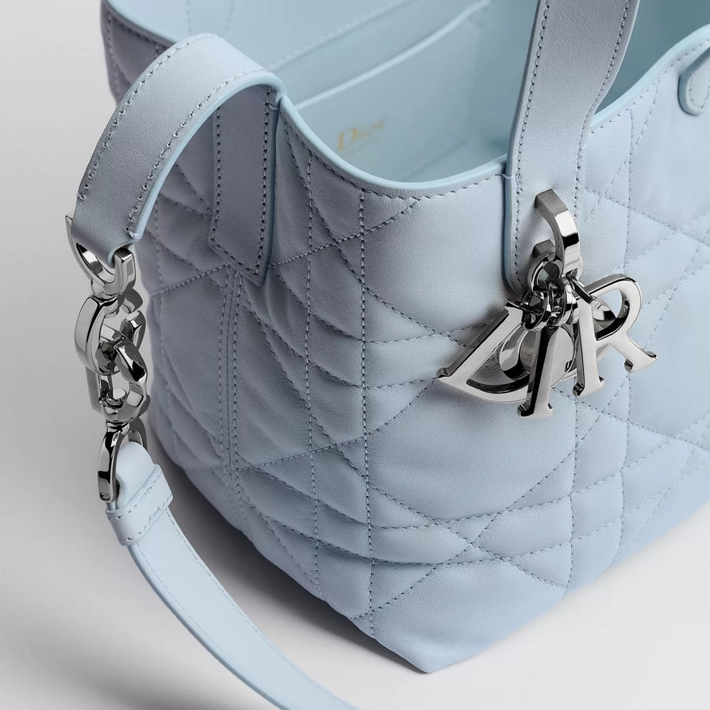 Small Dior Toujours Vertical Tote Bag Ice Blue Macrocannage Calfskin