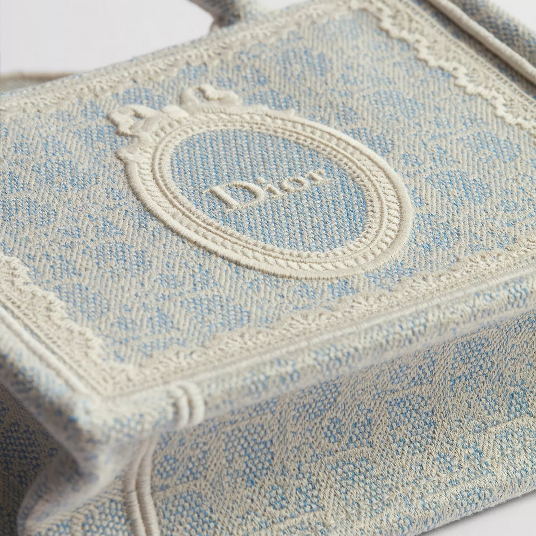 Mini Céleste Blue Dior Oblique Washed Embroidery and Ecru Dior Médaillon